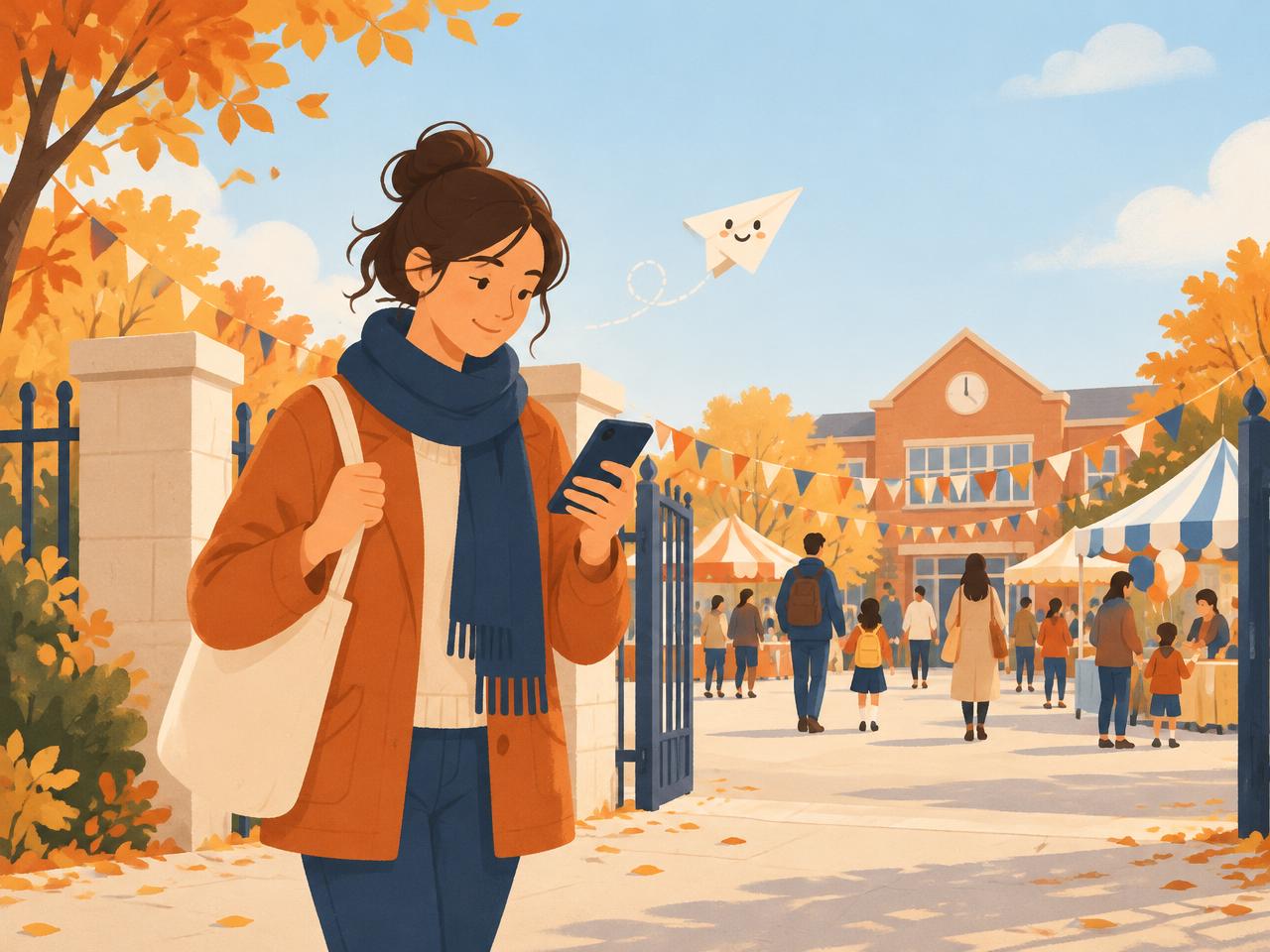 A parent checking PTA Pilot on their phone outside a school fair